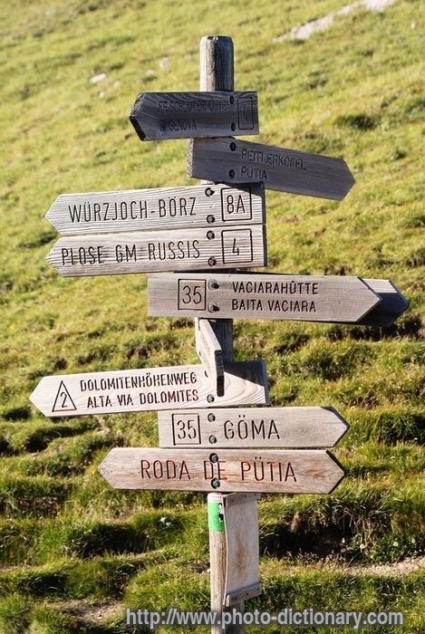 hiking signpost - photo/picture definition - hiking signpost word and phrase image